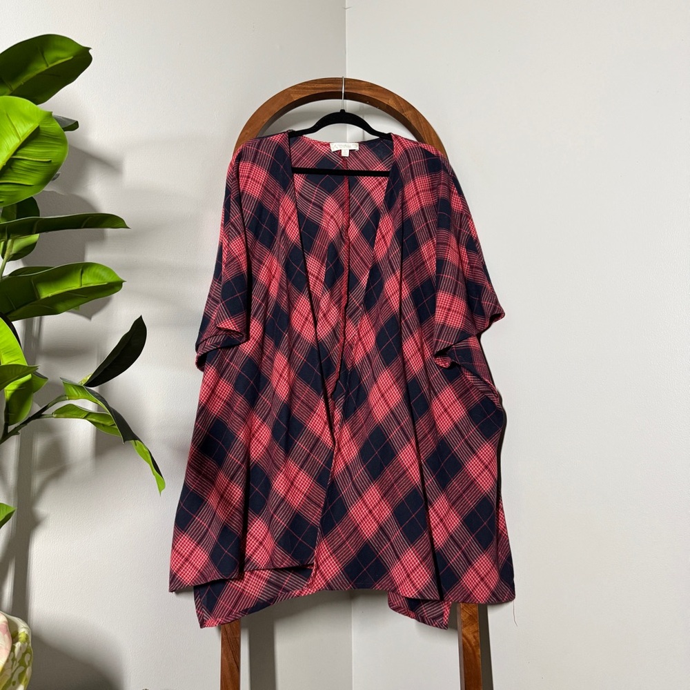 Suzanne Betro 1X Red Blue Plaid Open Front Kimono Top